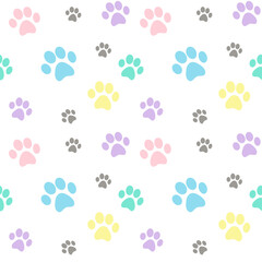 cute dog paws or footprint in sweet pastel color on white background in seamless pattern