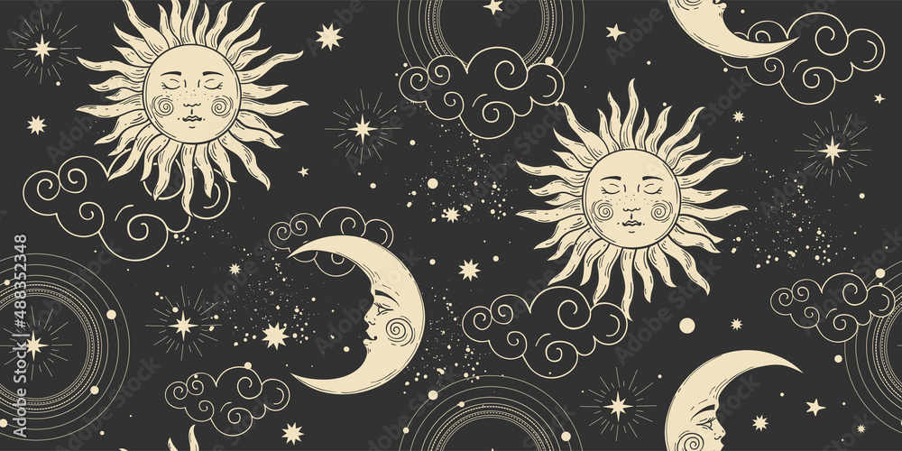 Wall mural Celestial seamless pattern with sun and moon face, clouds and stars on the black night sky. Pattern for tarot, astrology, vector boho background for the zodiac. 