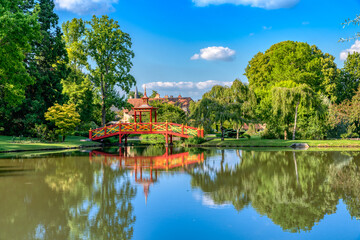 Tourism attraction outdoor park in Auvergne France with a beautiful garden with Chinese and Turkish elements