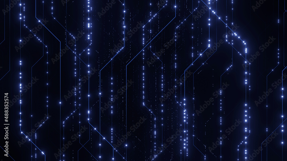 Poster 3D Rendering of Digital dots data travel through abstract computer circuit board lines. For technology website, high tech product, it component or services, crypto currency background
