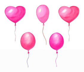 Set of watercolor balloons heart shaped pink color isolated on white background. Hand drawn watercolor illustration.