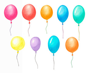 Set of watercolor balloons isolated on white background. Hand drawn watercolor illustration.