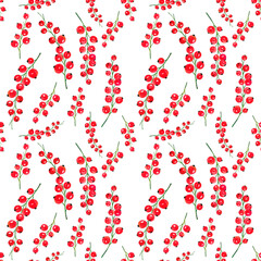 Seamless pattern of red currant berries painted in watercolor on a white background