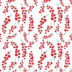 Seamless pattern of red currant berries painted in watercolor on a white background