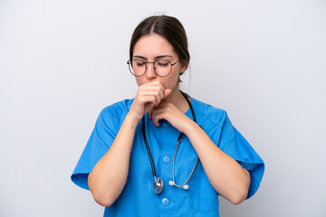 surgeon doctor woman holding tools isolated on white background is suffering with cough and feeling bad