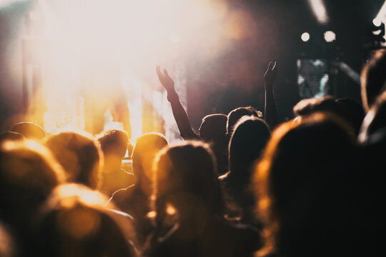 crowd with raised hands at concert - summer music festival