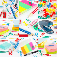 Collage of different school accessories on white background.