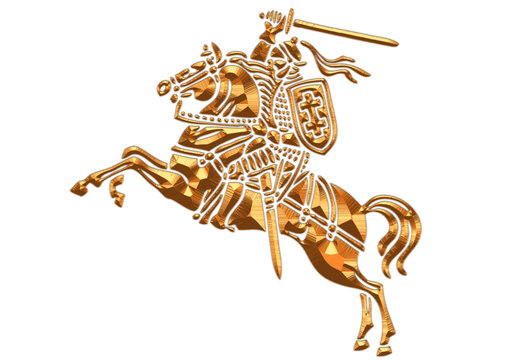 Vytis Lithuania symbol an armored rider on a horse, holding sword raised above his head in his right hand. Shield with a double cross hangs next to the rider's left shoulder. Golden color, rider horse