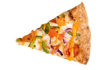 Tasty slice of pizza isolated on a white background. Sliced pizza overhead view.