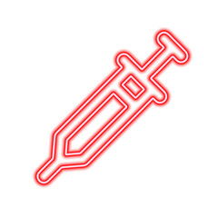 Red neon stylized syringe contour isolated on white