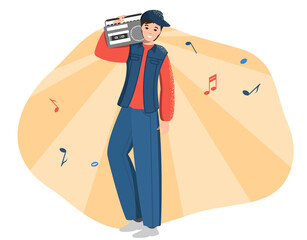 A young man with a tape recorder. Full length flat illustration of a positive person in fashionable clothes in retro style. Retro disco, stylized party. Vector illustration - eps10.