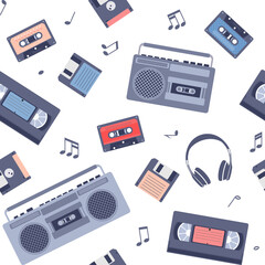 Music retro elements flat vector seamless pattern. Illustration of tape recorder, VHS video, tape cassette, Floppy disk, sheet music. Background, texture for disco, party in vintage style.