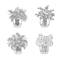 Fototapeta na wymiar Doodle bouquets set,hand drawn flowers.Floral sketch, drawing, still life.Romantic bunches,gift to holiday.Botanical illustration.Isolated.Vector illustration