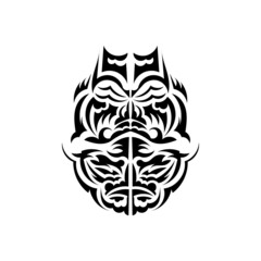 Tiki mask design. Traditional decor pattern from Polynesia and Hawaii. Isolated on white background. Ready tattoo template. Vector.