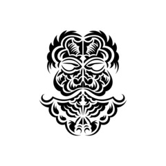 Tiki mask design. Native Polynesians and Hawaiians tiki illustration in black and white. Isolated. Flat style. Vector.