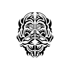 Tiki mask design. Native Polynesians and Hawaiians tiki illustration in black and white. Isolated on white background. Flat style. Vector illustration.