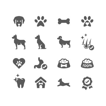 Dog black vector icon set. Paw print, dog food, bone filled icons.