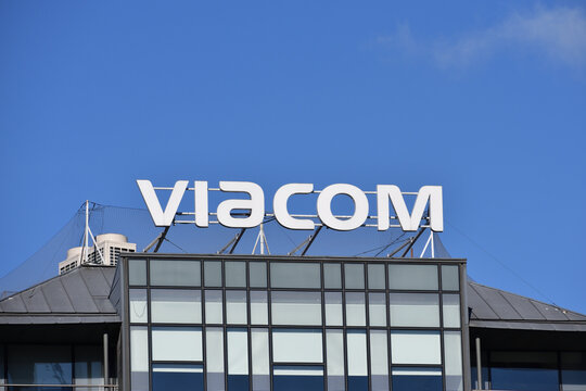 Viacom logo, signage on the facade of Viacom International Media Networks Polska, Television station, part of ViacomCBS Networks CEE. WARSAW, POLAND - FEBRUARY 12, 2022