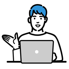 ラップトップの前で笑顔で説明をしている若い男性
