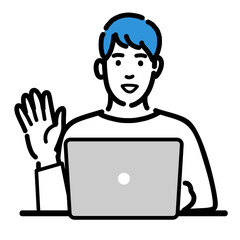 ラップトップの前で手を挙げて笑顔で挨拶している男性
