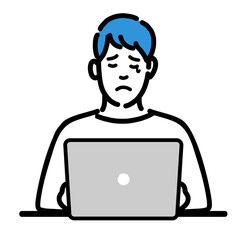 ラップトップの前で悲しそうに涙を流している若い男性
