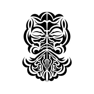 Tiki mask design. Frightening masks in the local ornament of Polynesia. Isolated on white background. Ready tattoo template. Vector illustration.