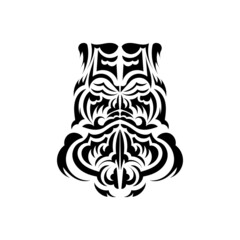 Maori mask. Native Polynesians and Hawaiians tiki illustration in black and white. Isolated. Tattoo sketch. Vector.
