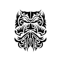 Maori mask. Frightening masks in the local ornament of Polynesia. Isolated on white background. Tattoo sketch. Vector.