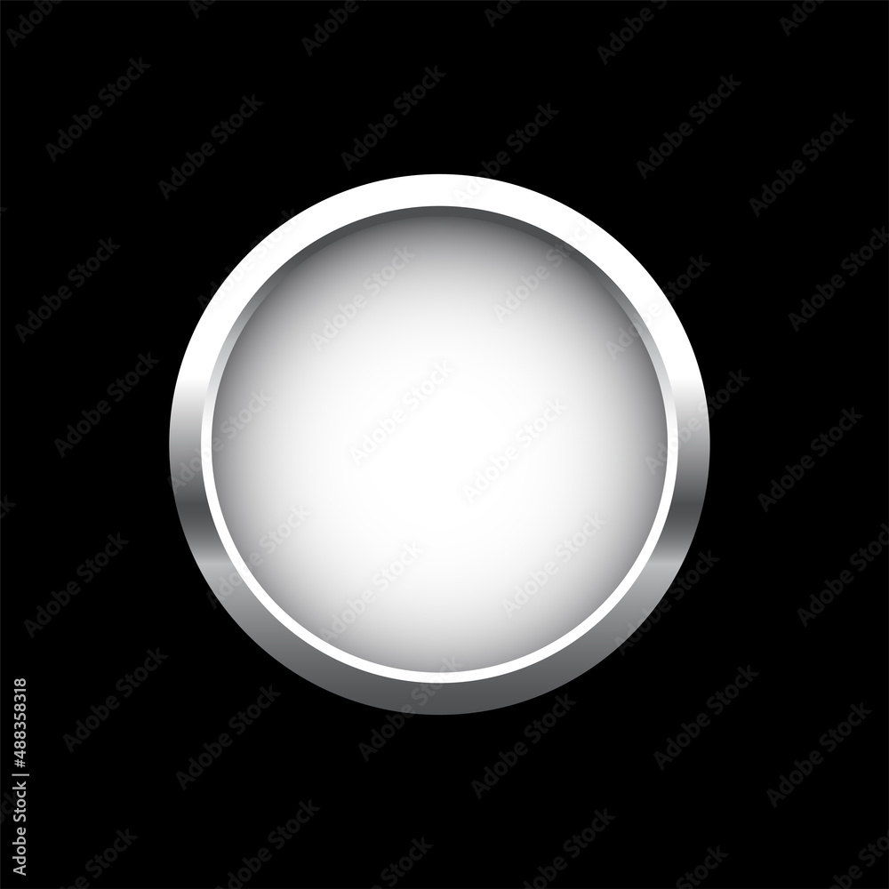 Poster white button in round silver frame vector illustration. 3d realistic shiny metal circle ring on push