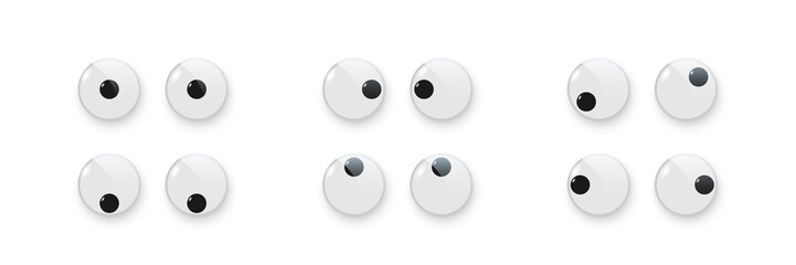 Toy eyes set vector illustration. Wobbly plastic open eyeballs of dolls looking up, down, left, right, crazy round parts with black pupil collection isolated on white background