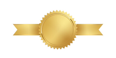 Gold 3d stamp with ribbon isolated on white background. Luxury golden seal. Vector design element