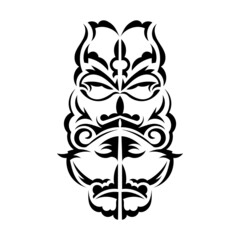 Black and white Tiki mask. Traditional decor pattern from Polynesia and Hawaii. Isolated. Ready tattoo template. Vector illustration.