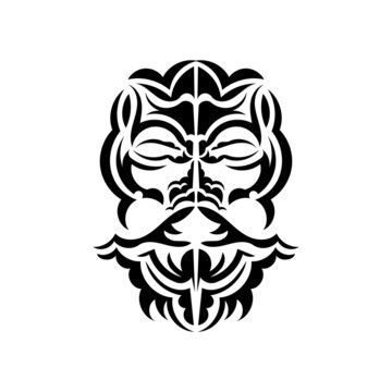 Black and white Tiki mask. Traditional decor pattern from Polynesia and Hawaii. Isolated. Tattoo sketch. Vector illustration.