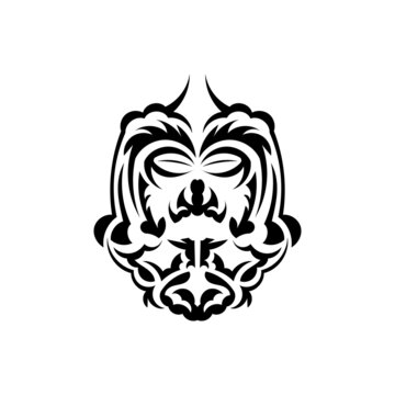 Black and white Tiki mask. Traditional decor pattern from Polynesia and Hawaii. Isolated. Ready tattoo template. Vector.