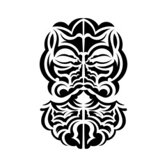 Black and white Tiki mask. Native Polynesians and Hawaiians tiki illustration in black and white. Isolated. Flat style. Vector illustration.