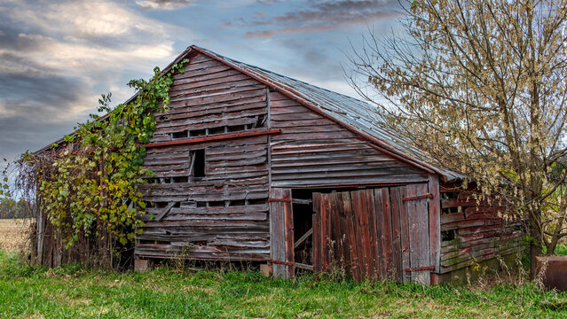 Old red wooden barn at twilight