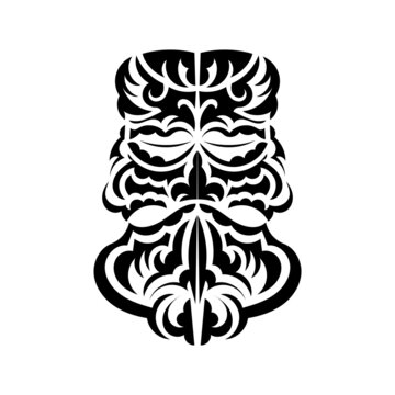 Black and white Tiki mask. Native Polynesians and Hawaiians tiki illustration in black and white. Isolated. Flat style. Vector.