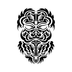 Black and white Tiki mask. Native Polynesians and Hawaiians tiki illustration in black and white. Isolated on white background. Tattoo sketch. Vector.