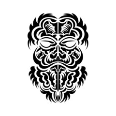 Fototapeta premium Black and white Tiki mask. Native Polynesians and Hawaiians tiki illustration in black and white. Isolated on white background. Tattoo sketch. Vector.