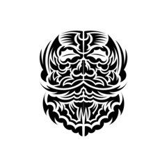 Black and white Tiki mask. Native Polynesians and Hawaiians tiki illustration in black and white. Isolated on white background. Tattoo sketch. Vector illustration.