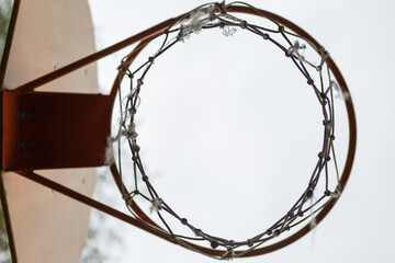 basketball hoop with a battered net against the sky