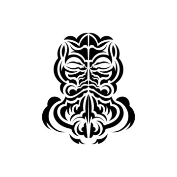 Black and white Tiki mask. Native Polynesians and Hawaiians tiki illustration in black and white. Isolated on white background. Ready tattoo template. Vector illustration.