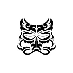 Black and white Tiki mask. Frightening masks in the local ornament of Polynesia. Isolated on white background. Tattoo sketch. Vector.