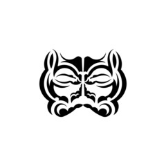 Black and white Tiki mask. Frightening masks in the local ornament of Polynesia. Isolated on white background. Tattoo sketch. Vector illustration.