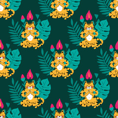 Tigers doing yoga seamless repeat vector pattern 