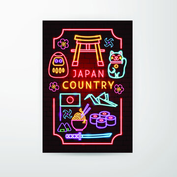 Japan Country Neon Flyer. Vector Illustration of Asia Promotion.