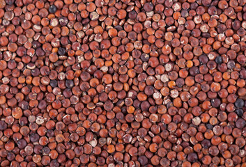 Red quinoa seeds background. Pile of raw kinwa. Top view.