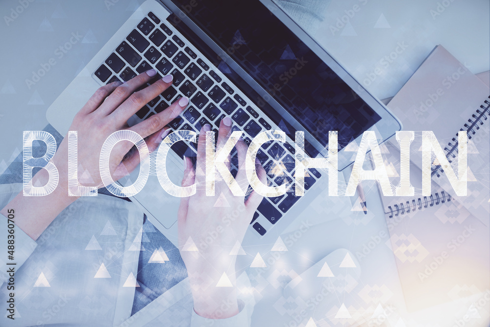 Poster Double exposure of woman hands working on computer and blockchain theme hologram drawing. Top View. bitcoin cryptocurrency concept.