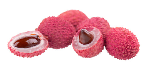 Lychee fruit isolated on white background. Tropical exotic fresh ripe fruit. Litchi chinensis. Clipping path.