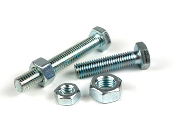 close up bolts and nuts isolated on white